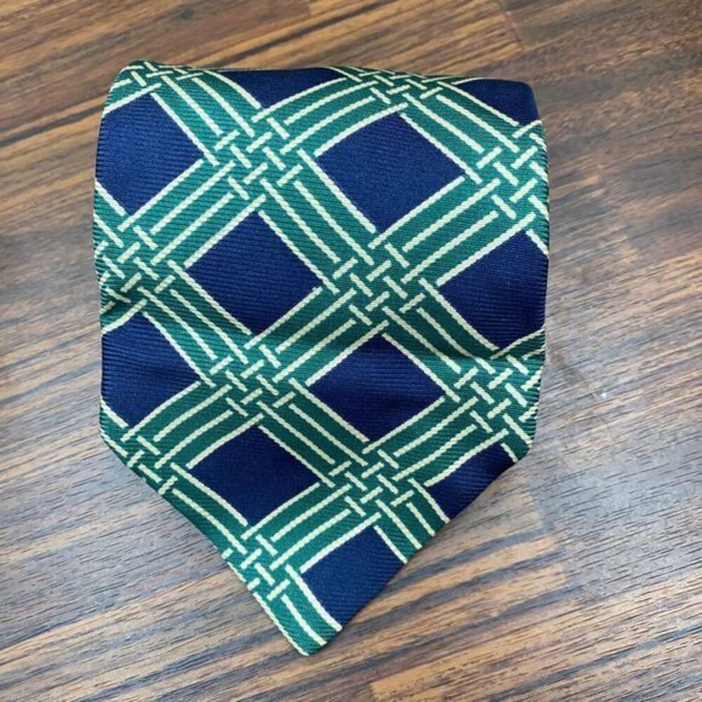 Tommy Hilfiger Silk Tie Navy Green Geometric Pattern Designer Necktie